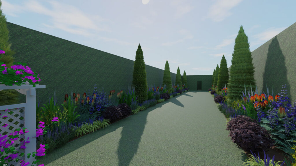Long Garden - Tall hedges frame twin perennial borders